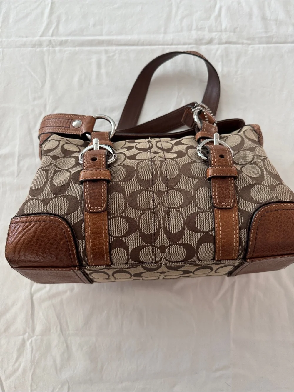 Coach Brown Signature Canvas Shoulder Bag with Tan Leather Trim